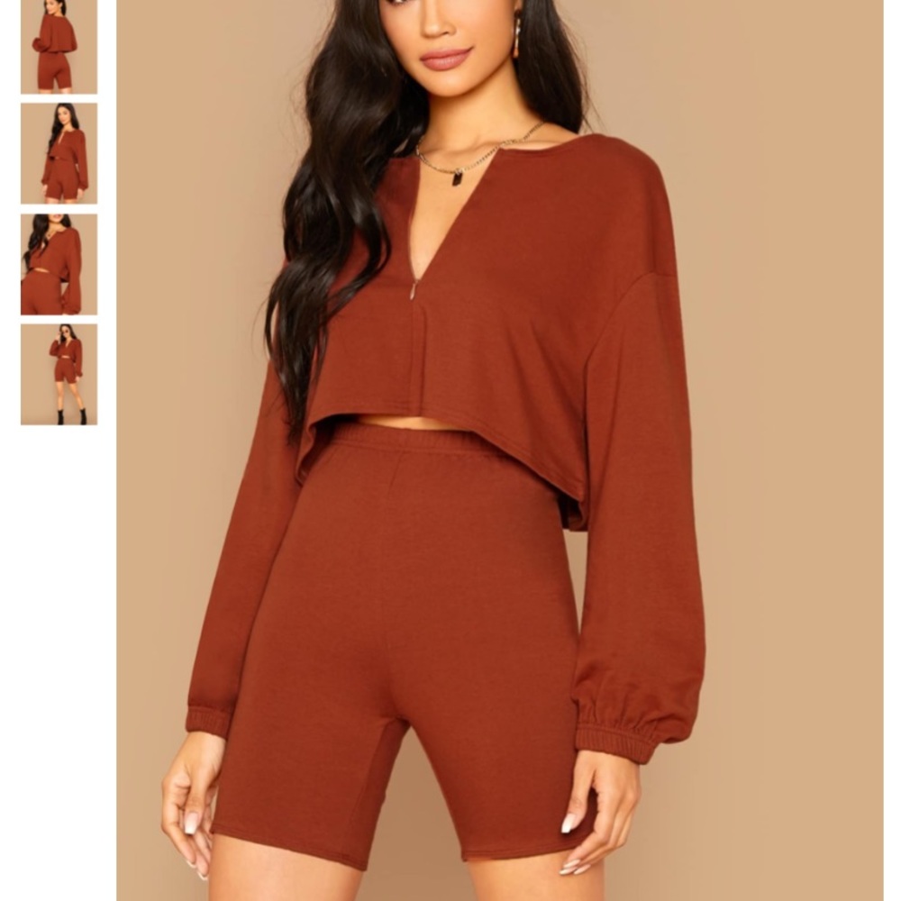 Zip up crop top and biker shorts set
